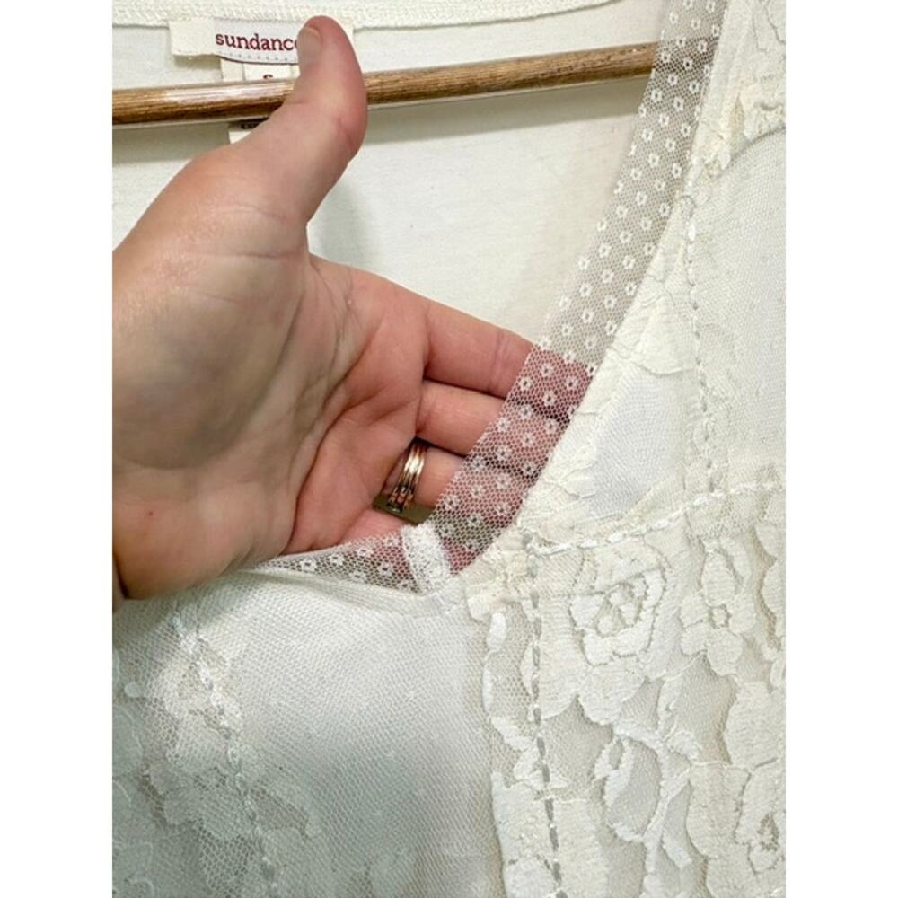 Sundance Lace Patchwork Blouse Small Cream Sheer Mesh Long Sleeve V-Neck Top - Picture 6 of 12